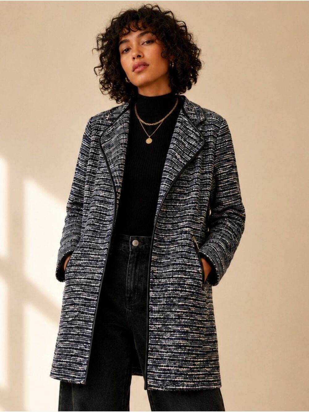 JM COLLECTION TEXTURED OPEN FRONT BLAZER CARDIGAN FAUX LEATHER TRIM MEDIUM EUC